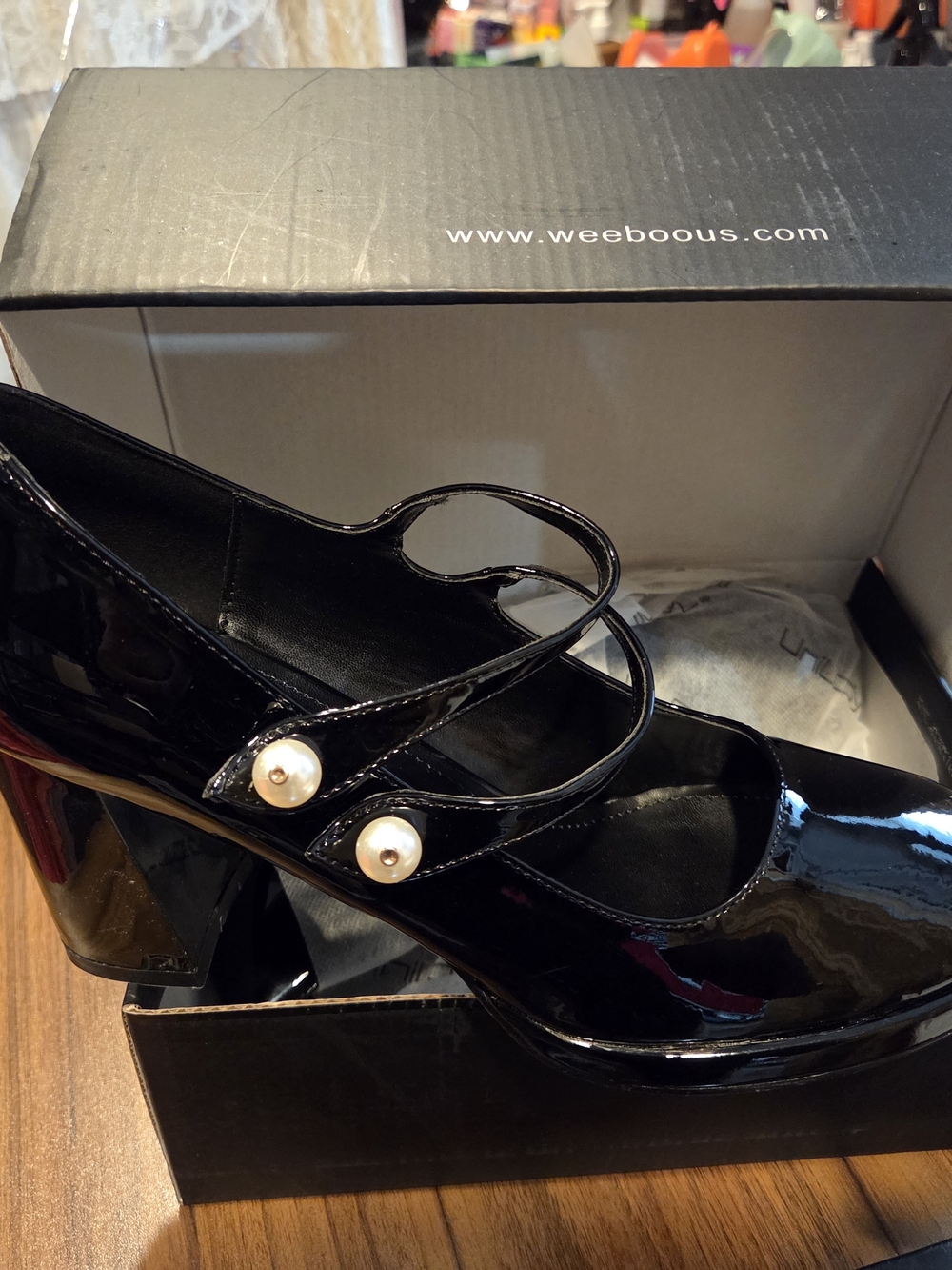 Prince Black Patent Mary Jane Heels with Pearl Buttons
